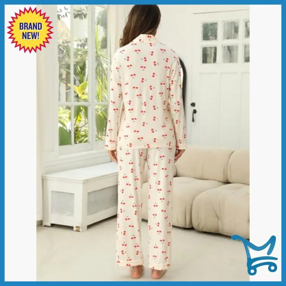 Long Sleeve Pajama Set with Button-Up Shirt and Drawstring Pants, Loose Fit